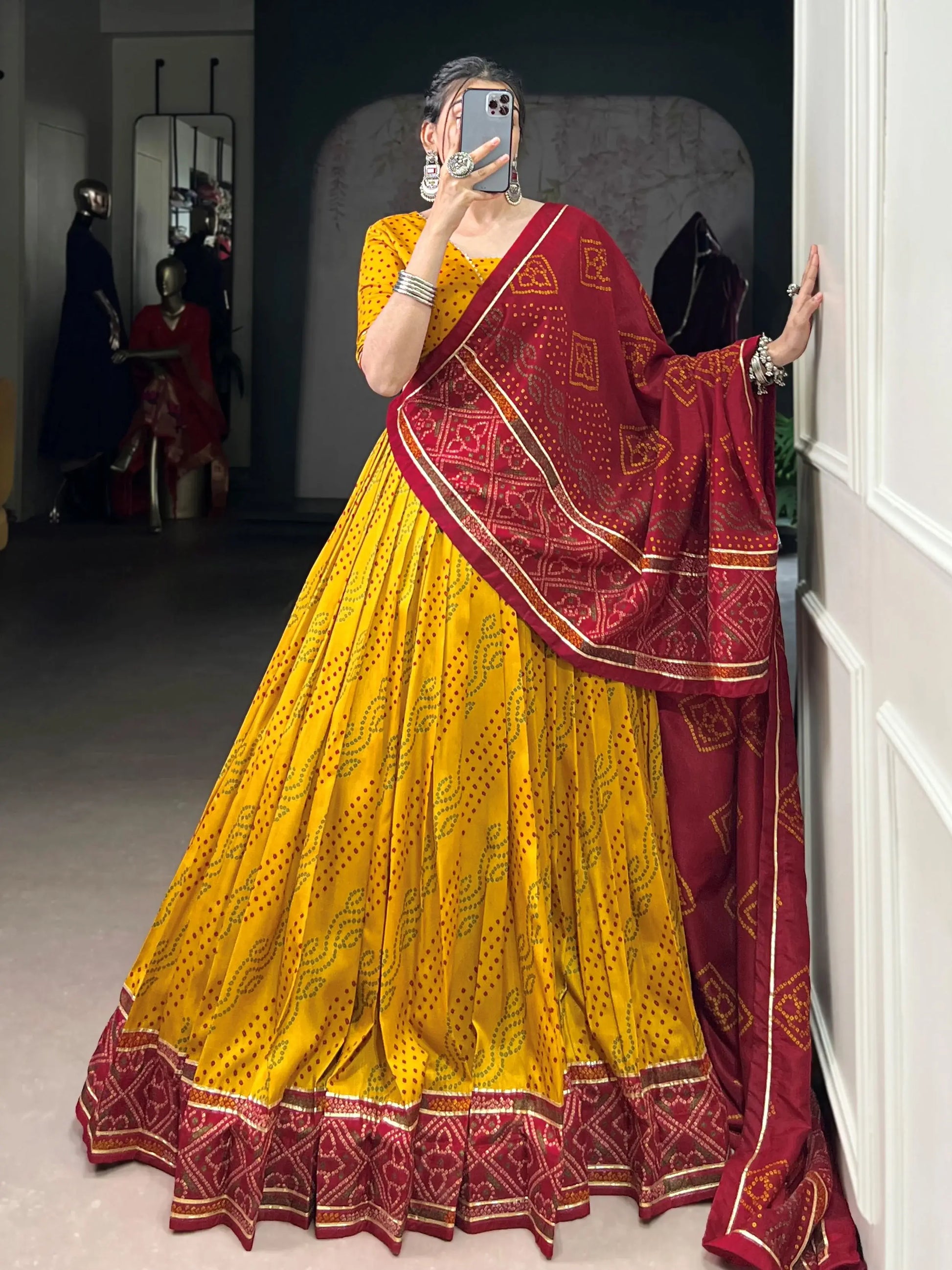 Stunning Mustard Yellow Bandhej Print Tussar Silk Lehenga Choli With Dupatta - Zeel Clothing