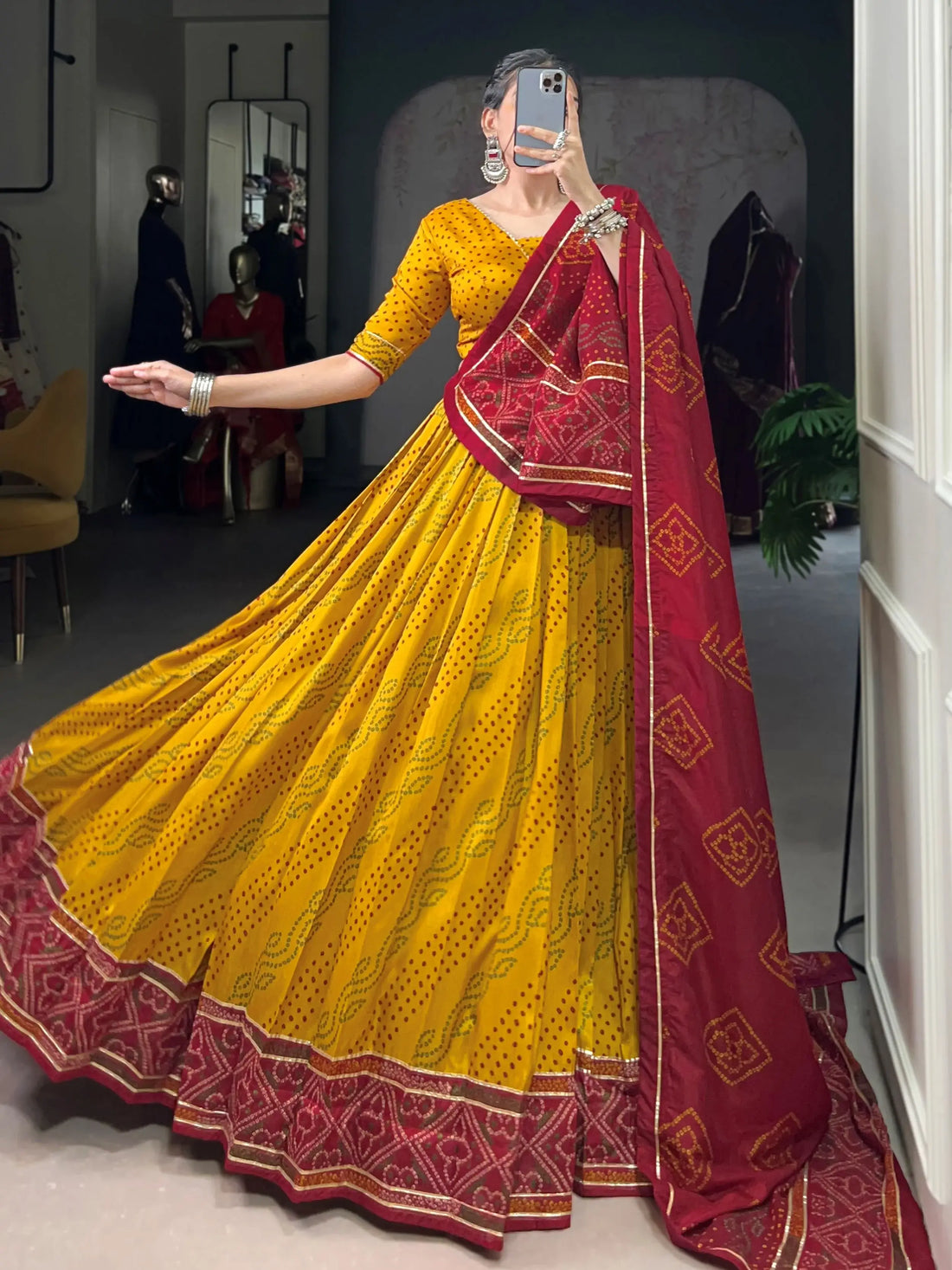 Stunning Mustard Yellow Bandhej Print Tussar Silk Lehenga Choli With Dupatta - Zeel Clothing