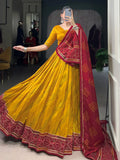 Stunning Mustard Yellow Bandhej Print Tussar Silk Lehenga Choli With Dupatta - Zeel Clothing