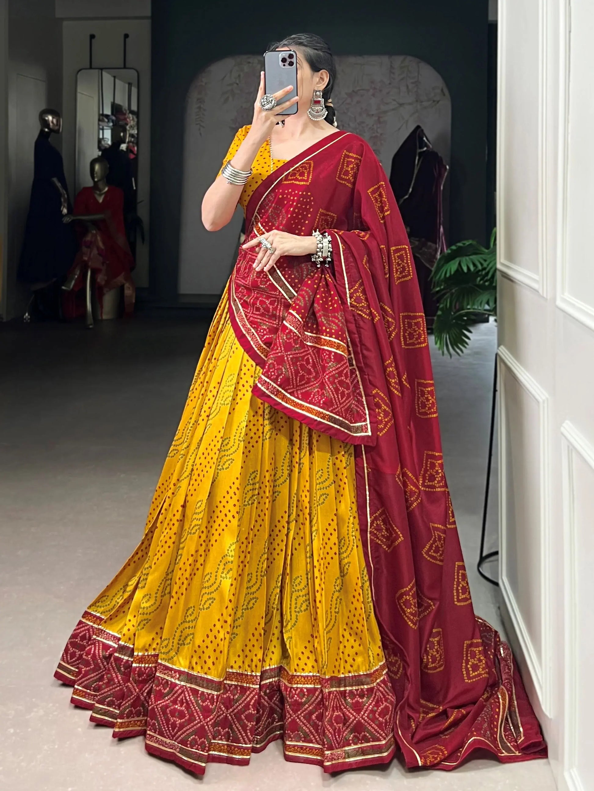 Stunning Mustard Yellow Bandhej Print Tussar Silk Lehenga Choli With Dupatta - Zeel Clothing