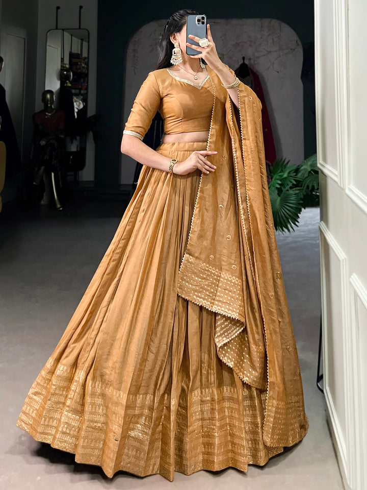Stunning Mustard Yellow Chanderi Lehenga Choli With Dupatta - Zeel Clothing