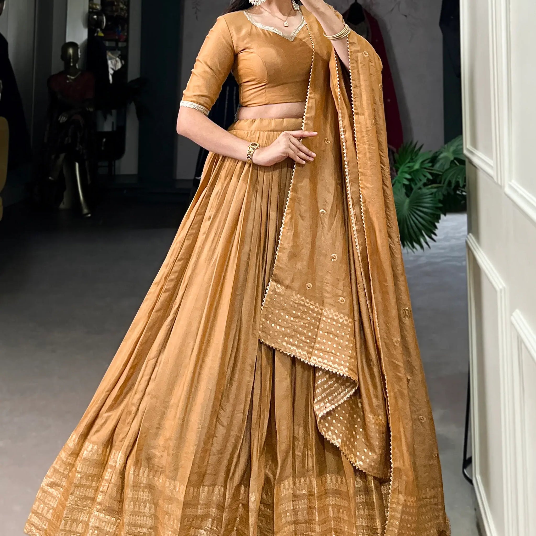 Stunning Mustard Yellow Chanderi Lehenga Choli With Dupatta - Zeel Clothing