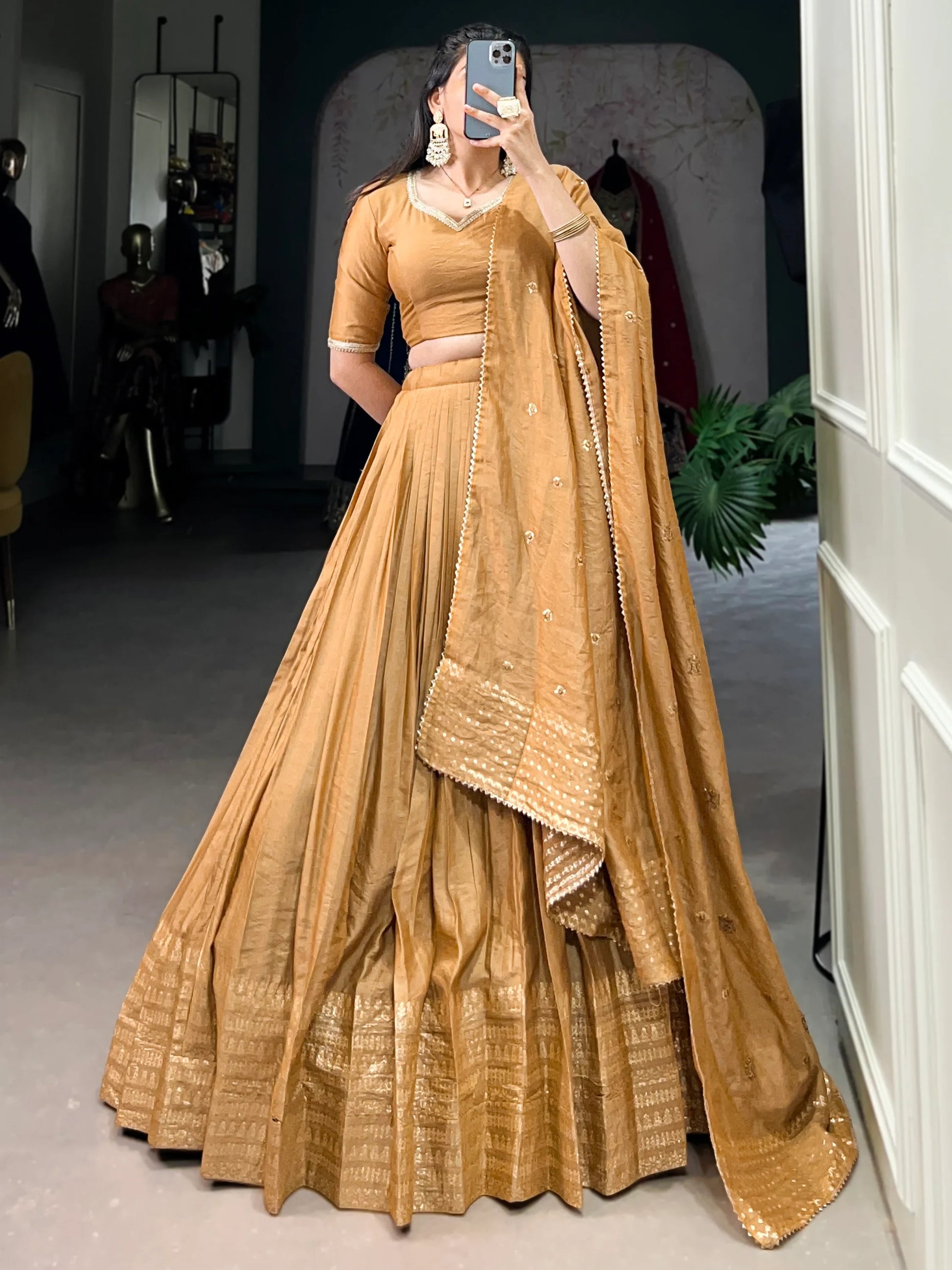 Stunning Mustard Yellow Chanderi Lehenga Choli With Dupatta - Zeel Clothing