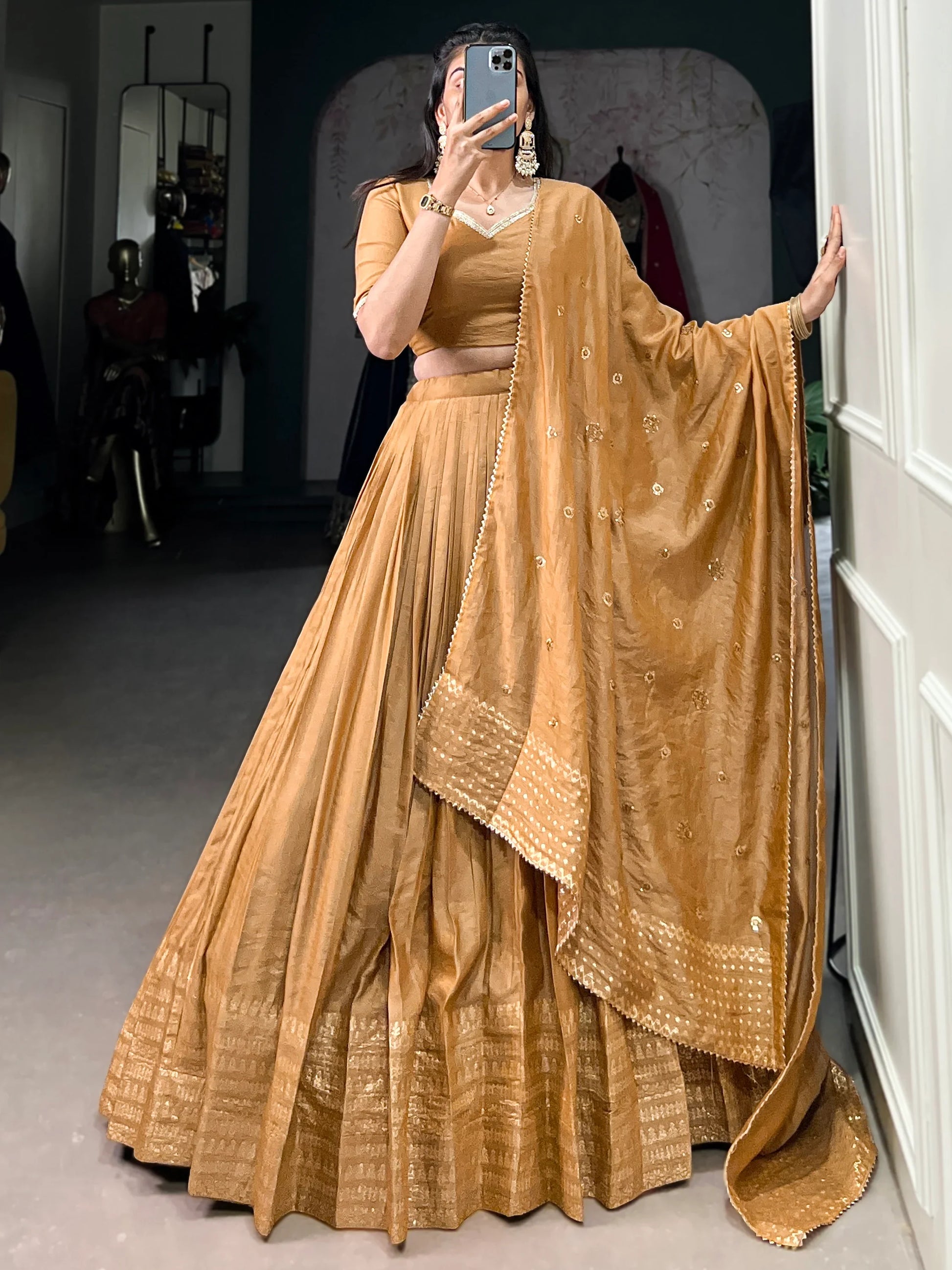 Stunning Mustard Yellow Chanderi Lehenga Choli With Dupatta - Zeel Clothing