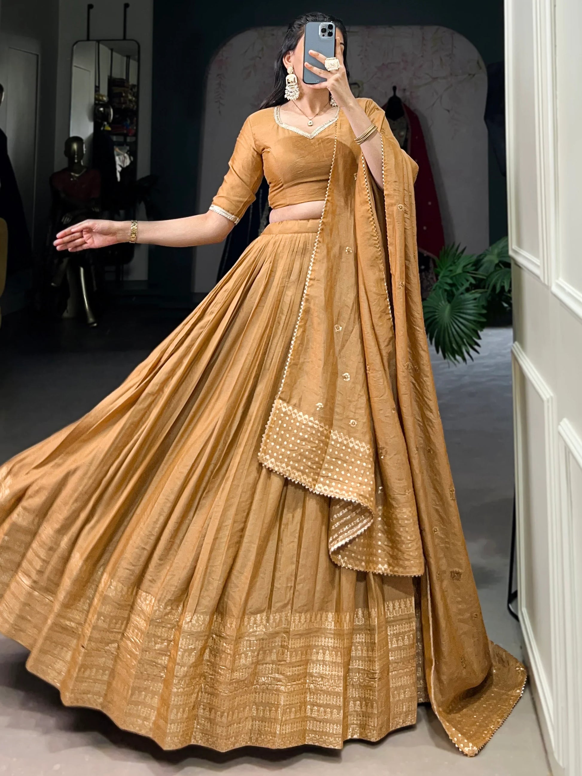 Stunning Mustard Yellow Chanderi Lehenga Choli With Dupatta - Zeel Clothing