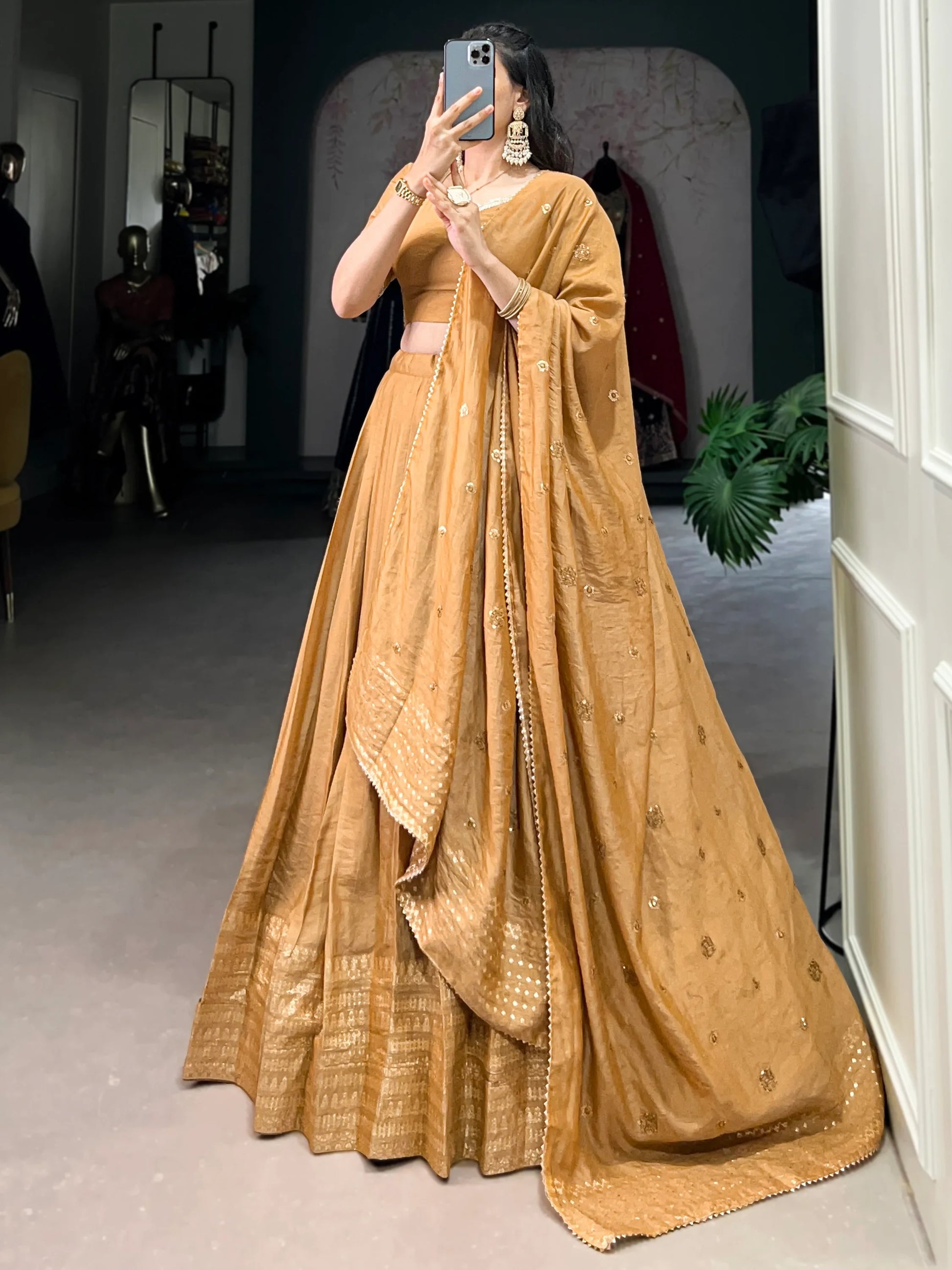 Stunning Mustard Yellow Chanderi Lehenga Choli With Dupatta - Zeel Clothing