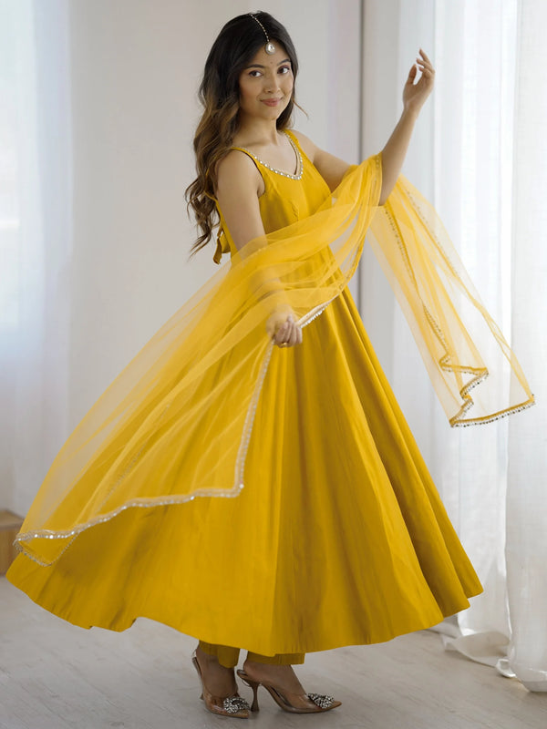 Stunning Mustard Yellow Lace Border Chanderi Silk Haldi Wear Anarkali Suit