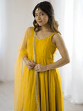 Stunning Mustard Yellow Lace Border Chanderi Silk Haldi Wear Anarkali Suit