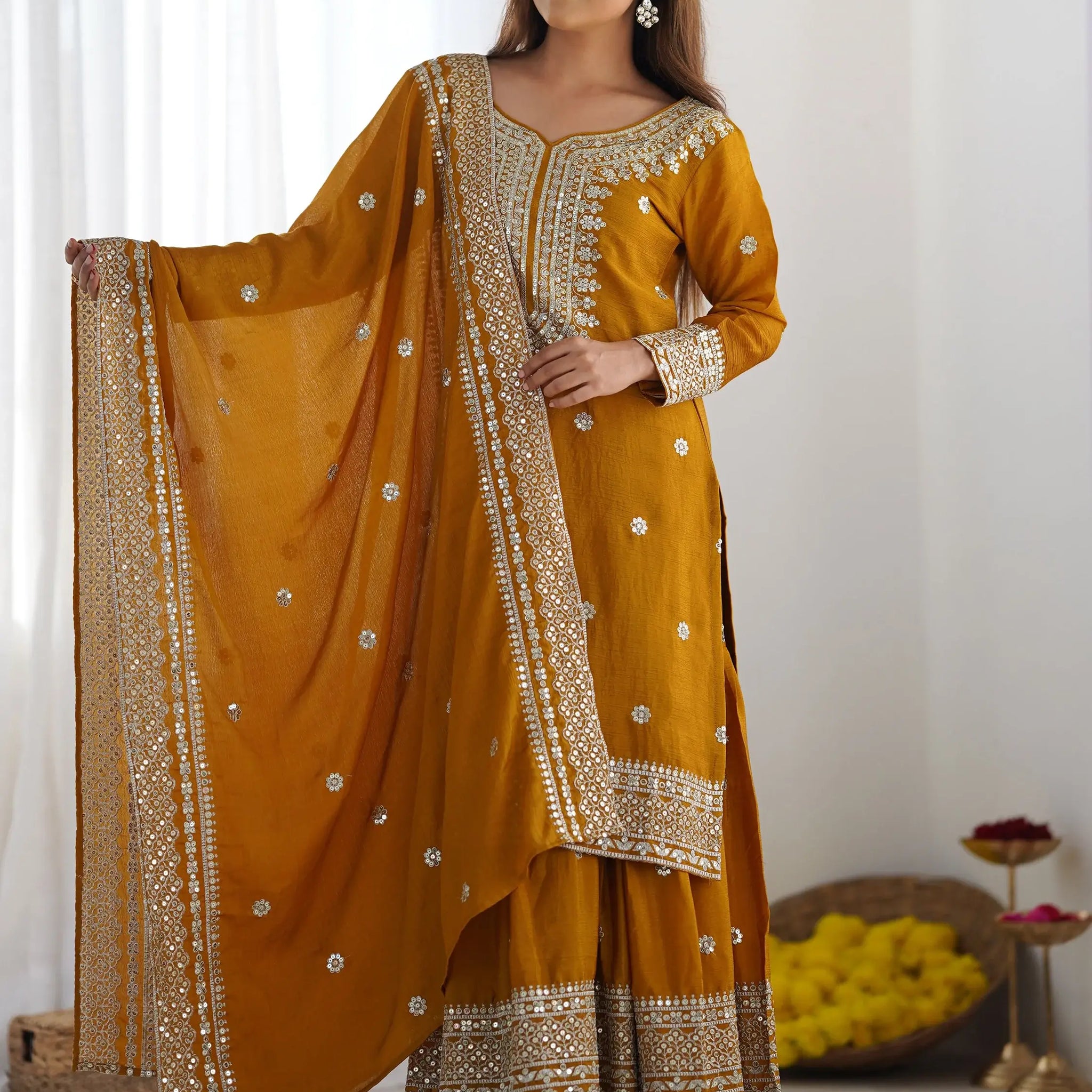Stunning Mustard Yellow Sequins Chinon Festive Wear Sharara Suit - Zeel Clothing