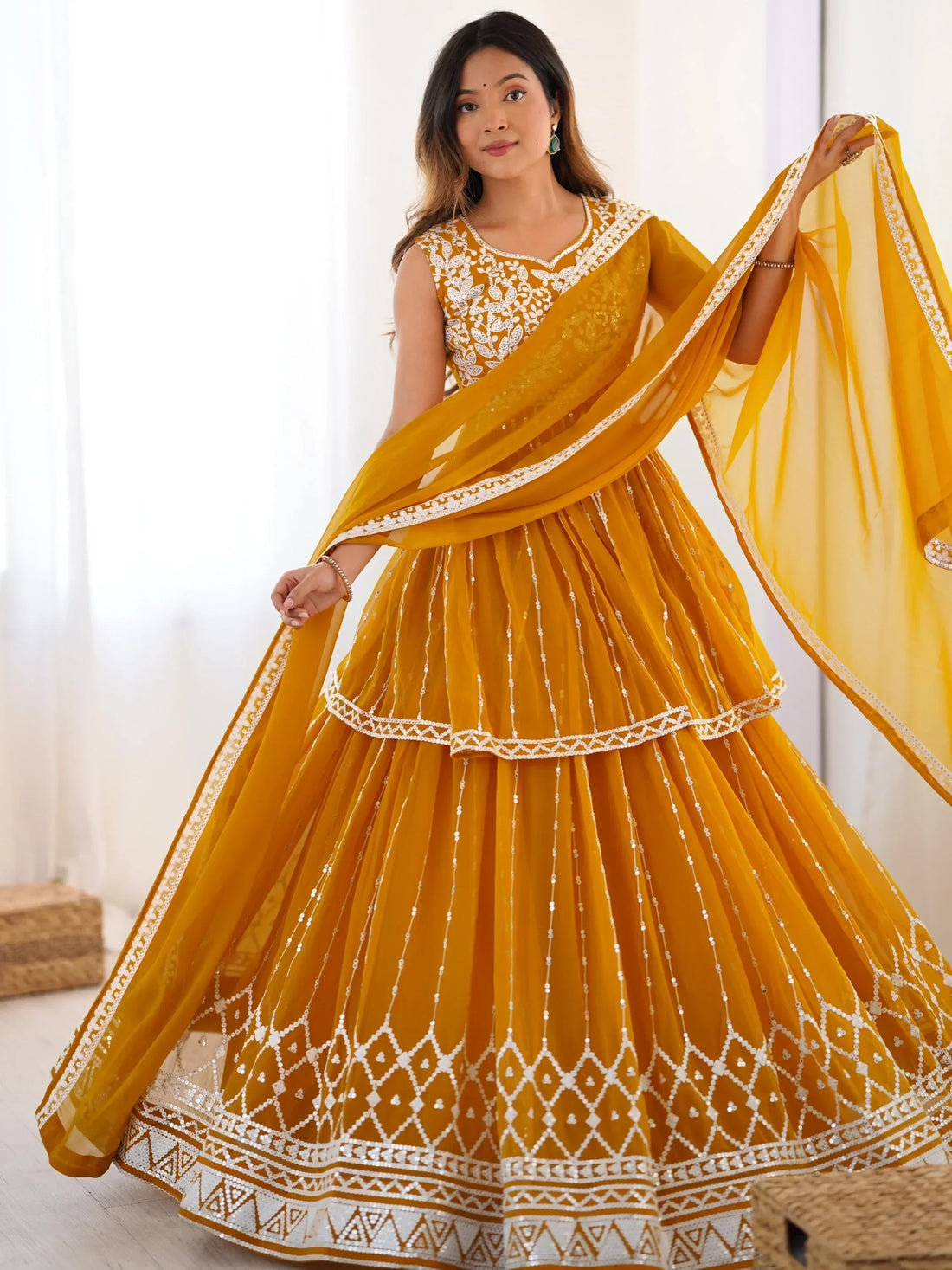 Stunning Mustard Yellow Sequins Georgette Peplum Top With Lehenga - Zeel Clothing