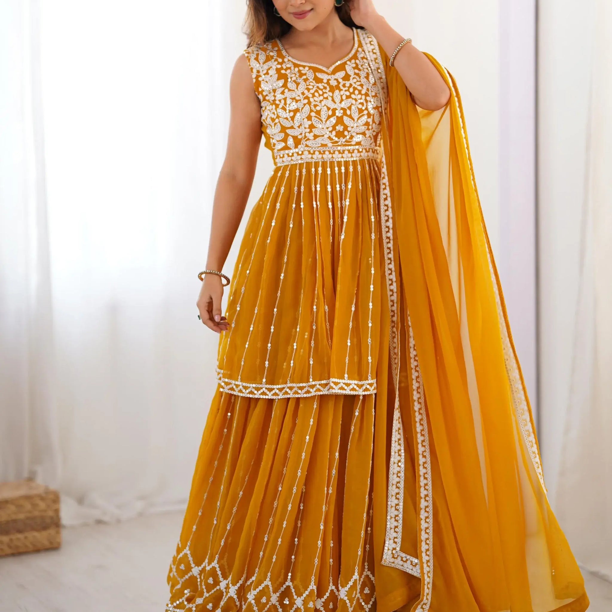 Stunning Mustard Yellow Sequins Georgette Peplum Top With Lehenga - Zeel Clothing