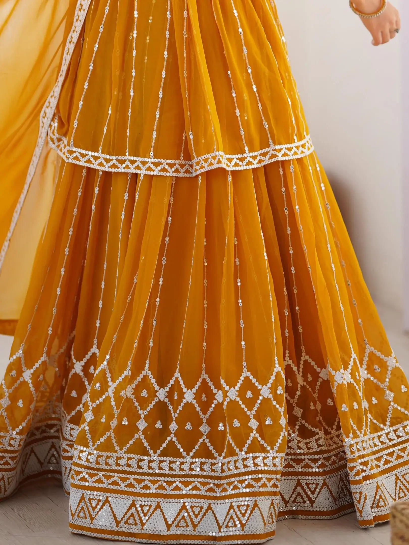 Stunning Mustard Yellow Sequins Georgette Peplum Top With Lehenga - Zeel Clothing