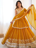 Stunning Mustard Yellow Sequins Georgette Peplum Top With Lehenga - Zeel Clothing