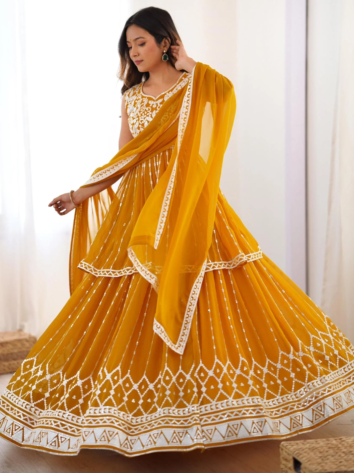 Stunning Mustard Yellow Sequins Georgette Peplum Top With Lehenga - Zeel Clothing