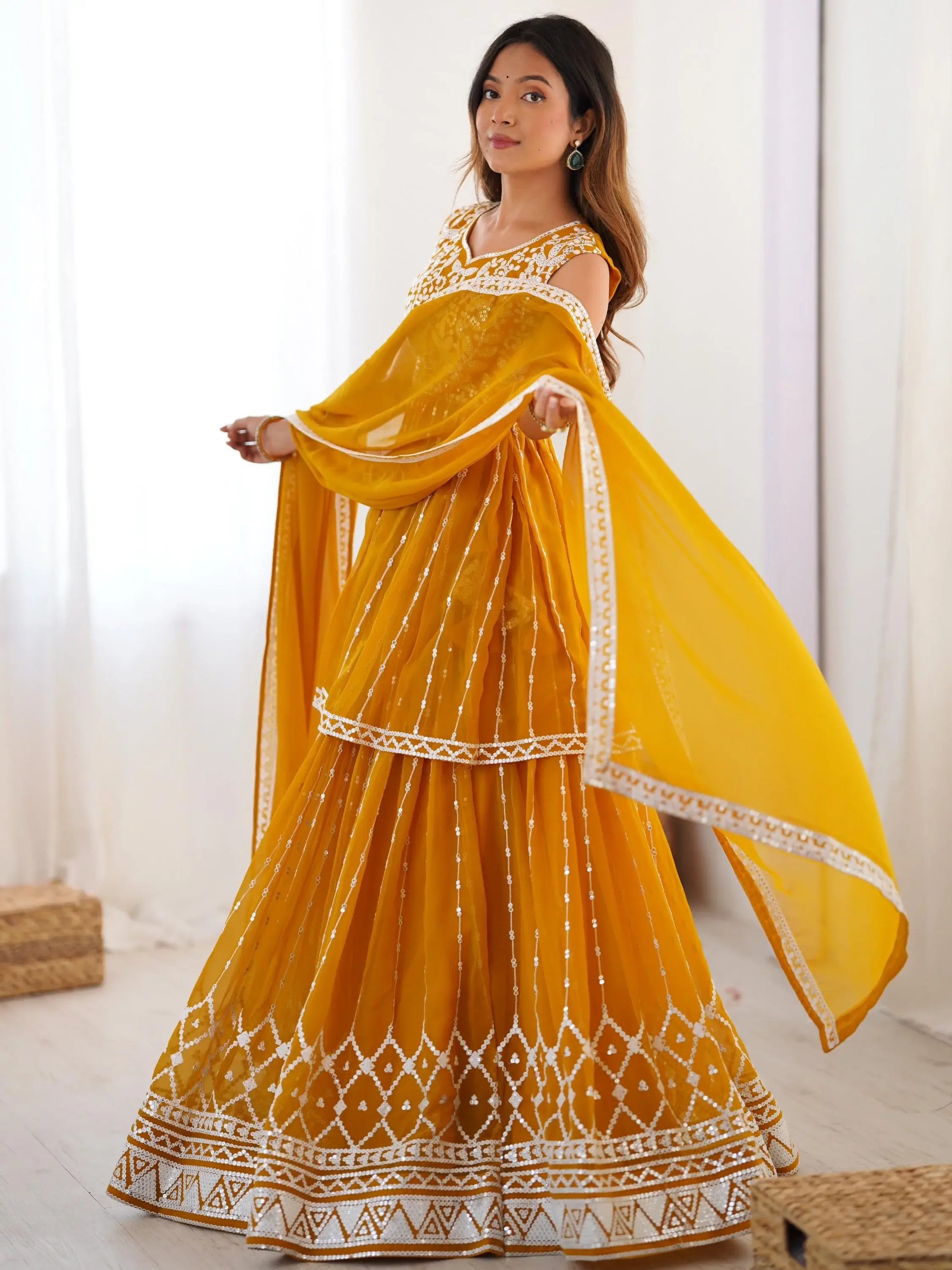 Stunning Mustard Yellow Sequins Georgette Peplum Top With Lehenga - Zeel Clothing