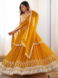 Stunning Mustard Yellow Sequins Georgette Peplum Top With Lehenga - Zeel Clothing