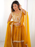 Stunning Mustard Yellow Sequins Georgette Peplum Top With Lehenga - Zeel Clothing