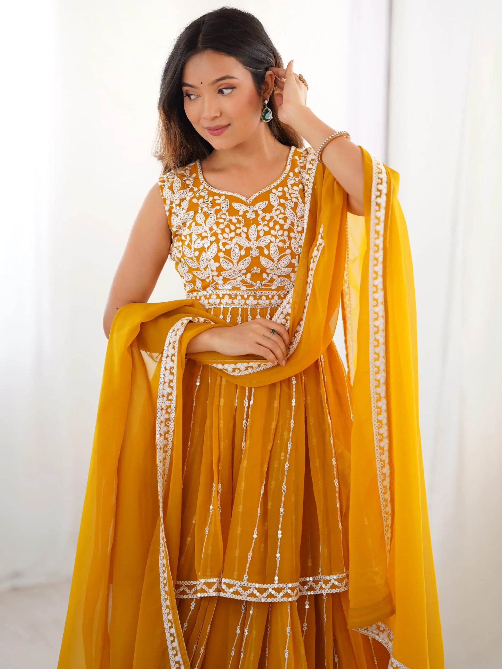 Stunning Mustard Yellow Sequins Georgette Peplum Top With Lehenga - Zeel Clothing
