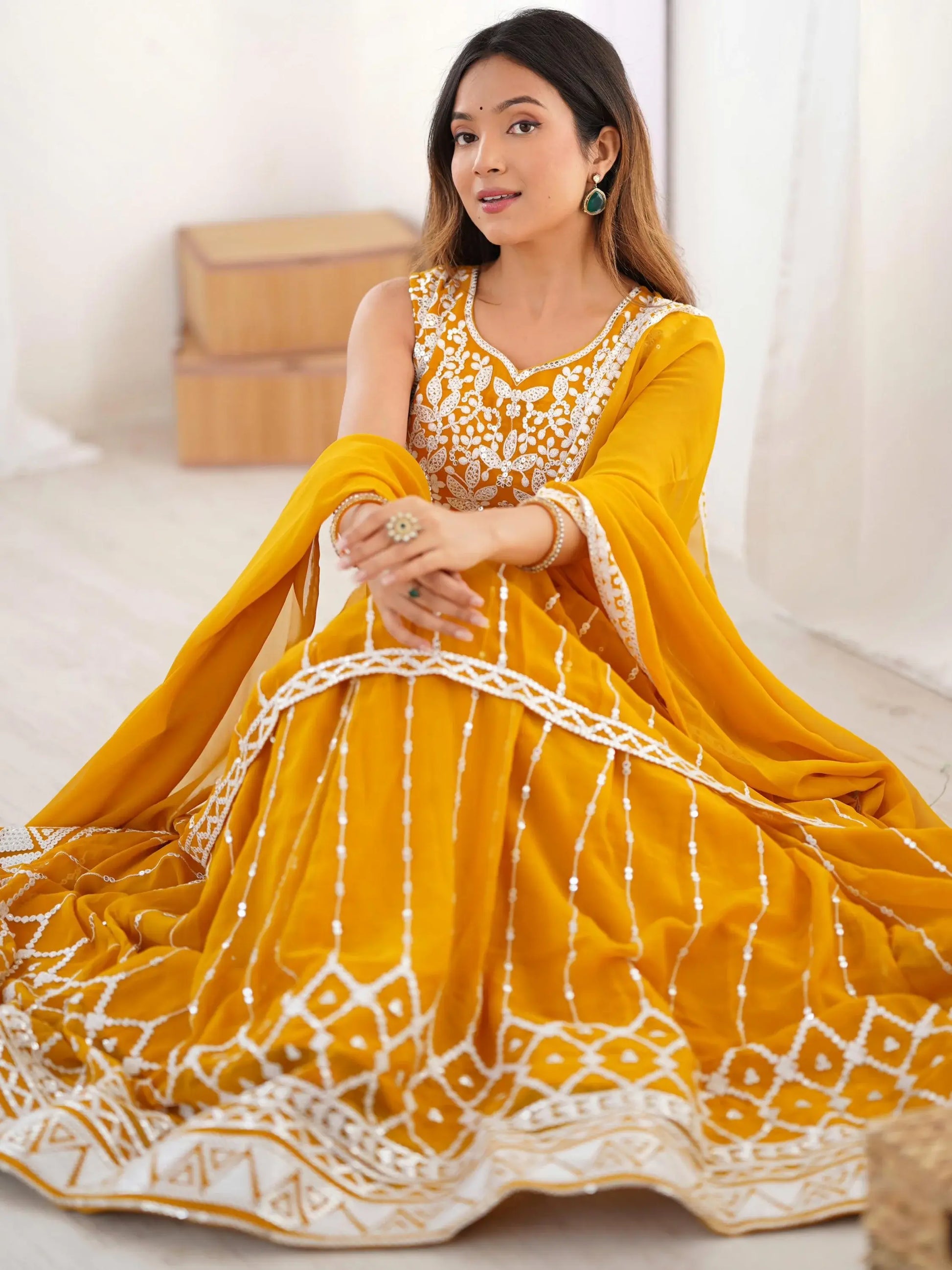 Stunning Mustard Yellow Sequins Georgette Peplum Top With Lehenga - Zeel Clothing