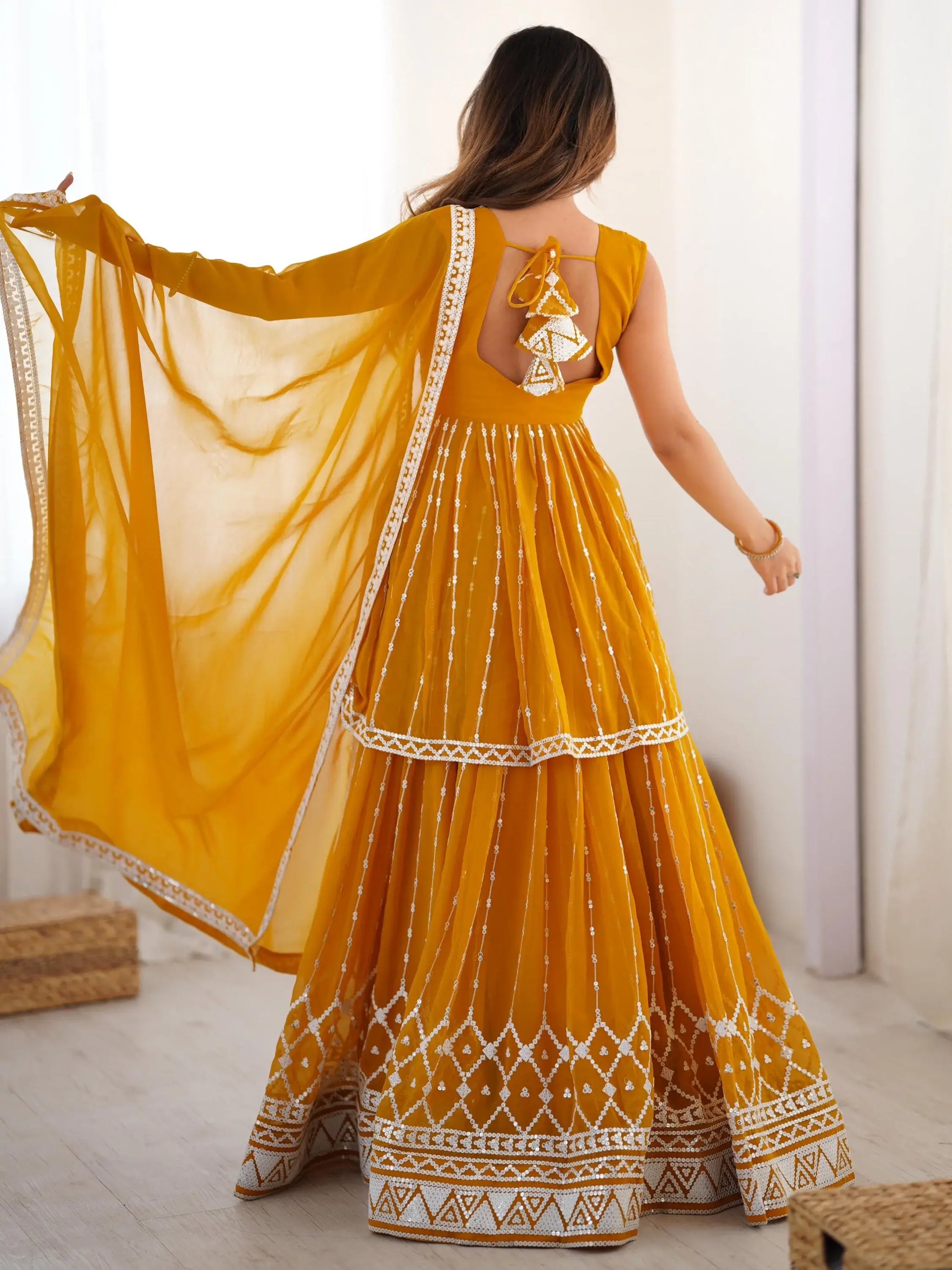 Stunning Mustard Yellow Sequins Georgette Peplum Top With Lehenga - Zeel Clothing