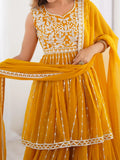 Stunning Mustard Yellow Sequins Georgette Peplum Top With Lehenga - Zeel Clothing