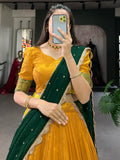 Stunning Mustard Yellow Thread Work Cotton Haldi Wear Half Saree Lehenga - Zeel Clothing