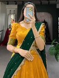 Stunning Mustard Yellow Thread Work Cotton Haldi Wear Half Saree Lehenga - Zeel Clothing