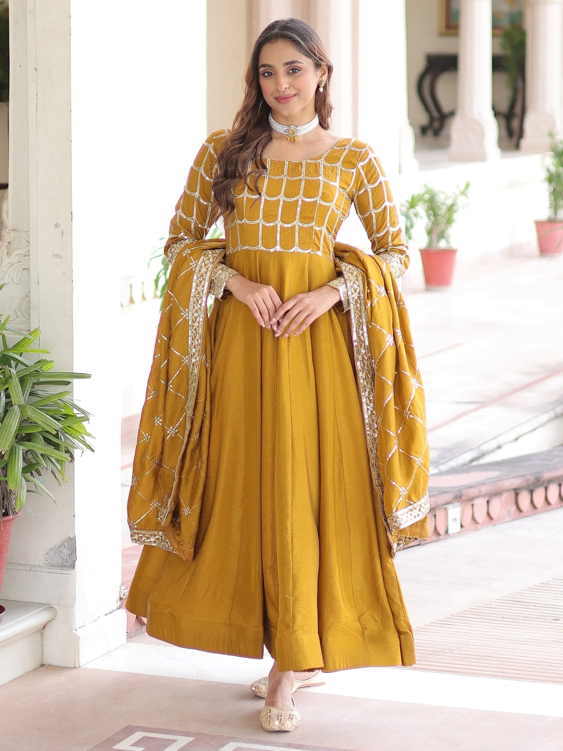 Stunning Mustard Yellow Zari Embroidery Silk Festive Wear Gown With Dupatta