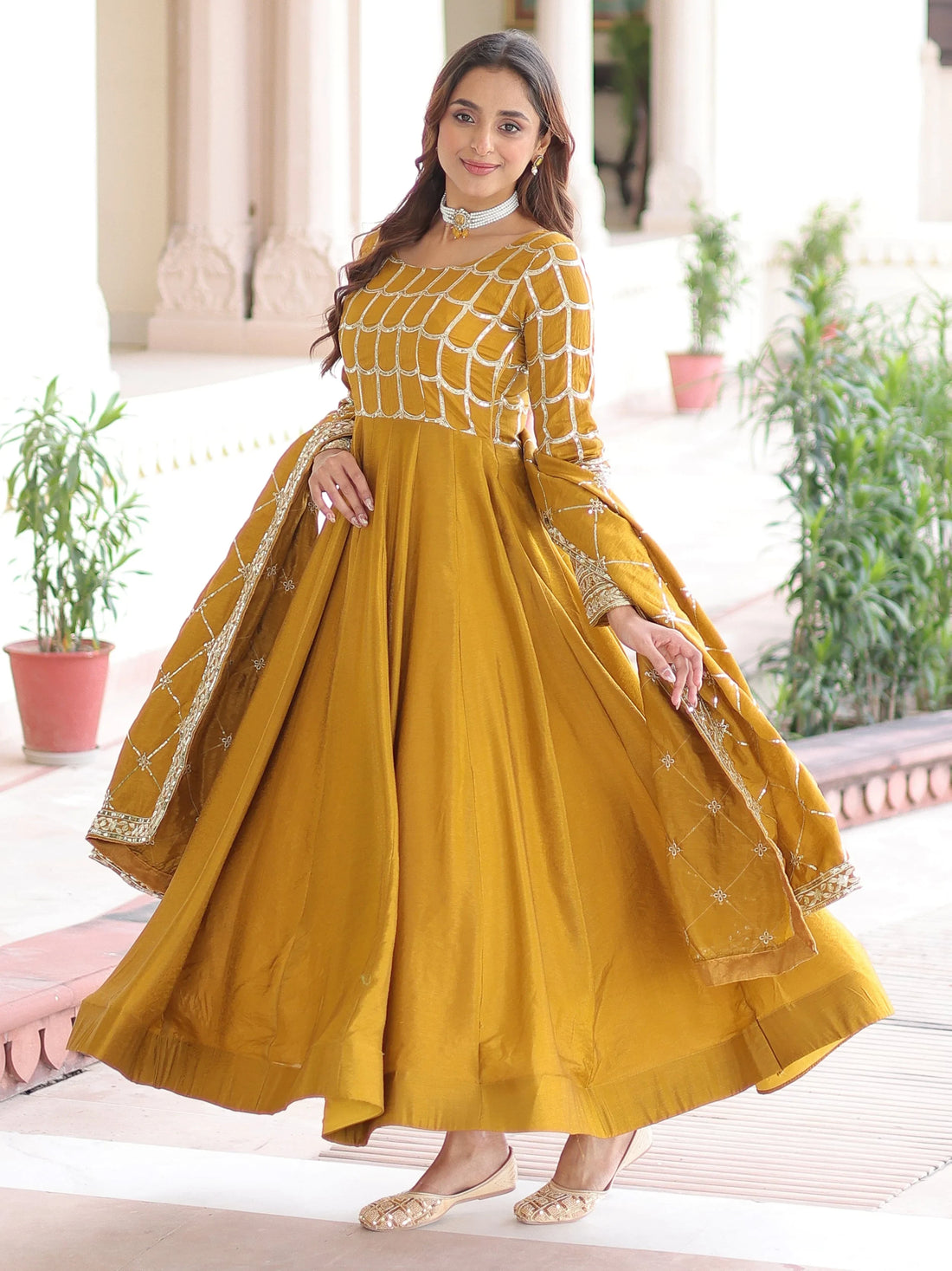 Stunning Mustard Yellow Zari Embroidery Silk Festive Wear Gown With Dupatta