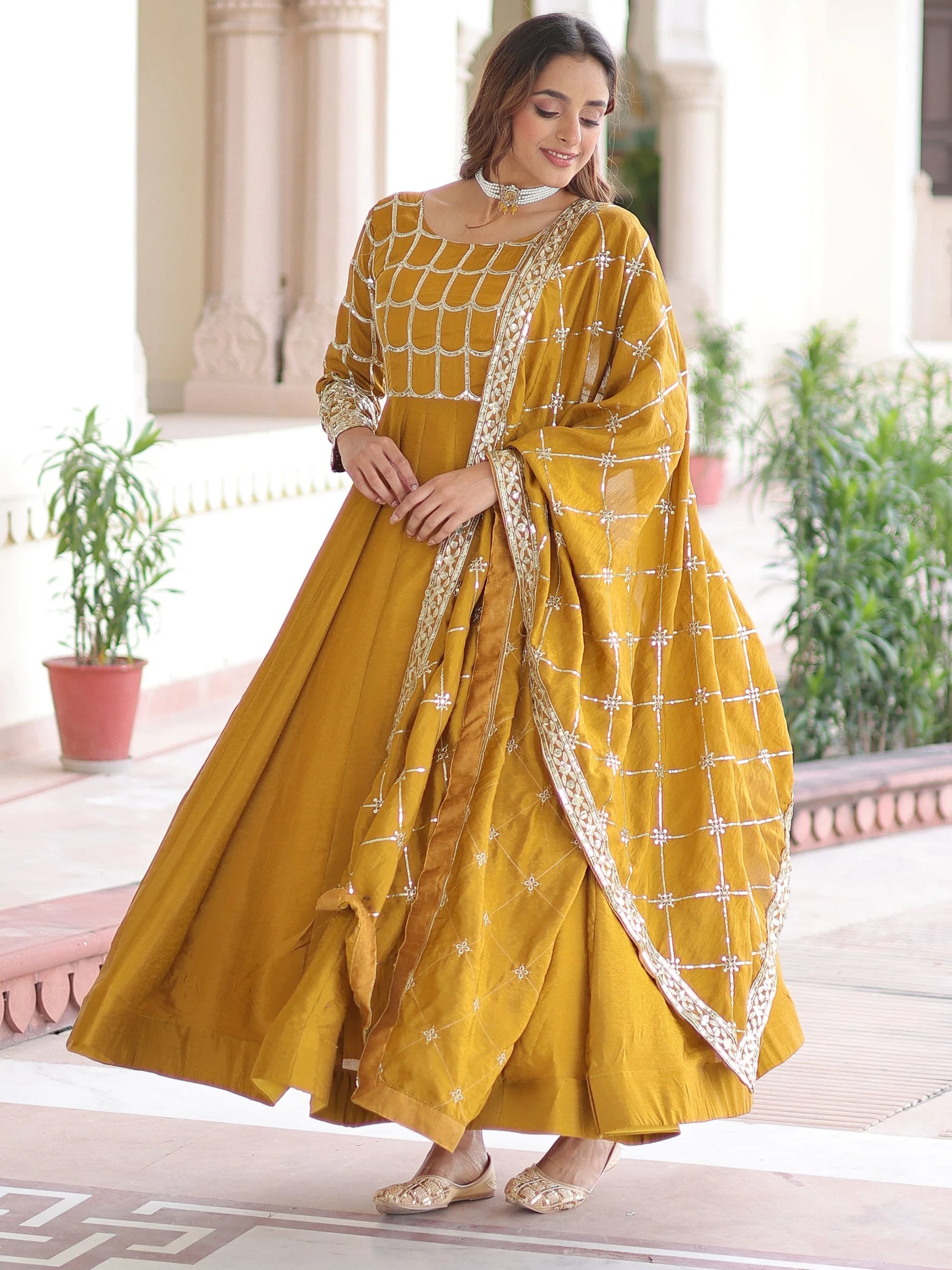Stunning Mustard Yellow Zari Embroidery Silk Festive Wear Gown With Dupatta