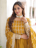 Stunning Mustard Yellow Zari Embroidery Silk Festive Wear Gown With Dupatta