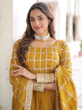Stunning Mustard Yellow Zari Embroidery Silk Festive Wear Gown With Dupatta