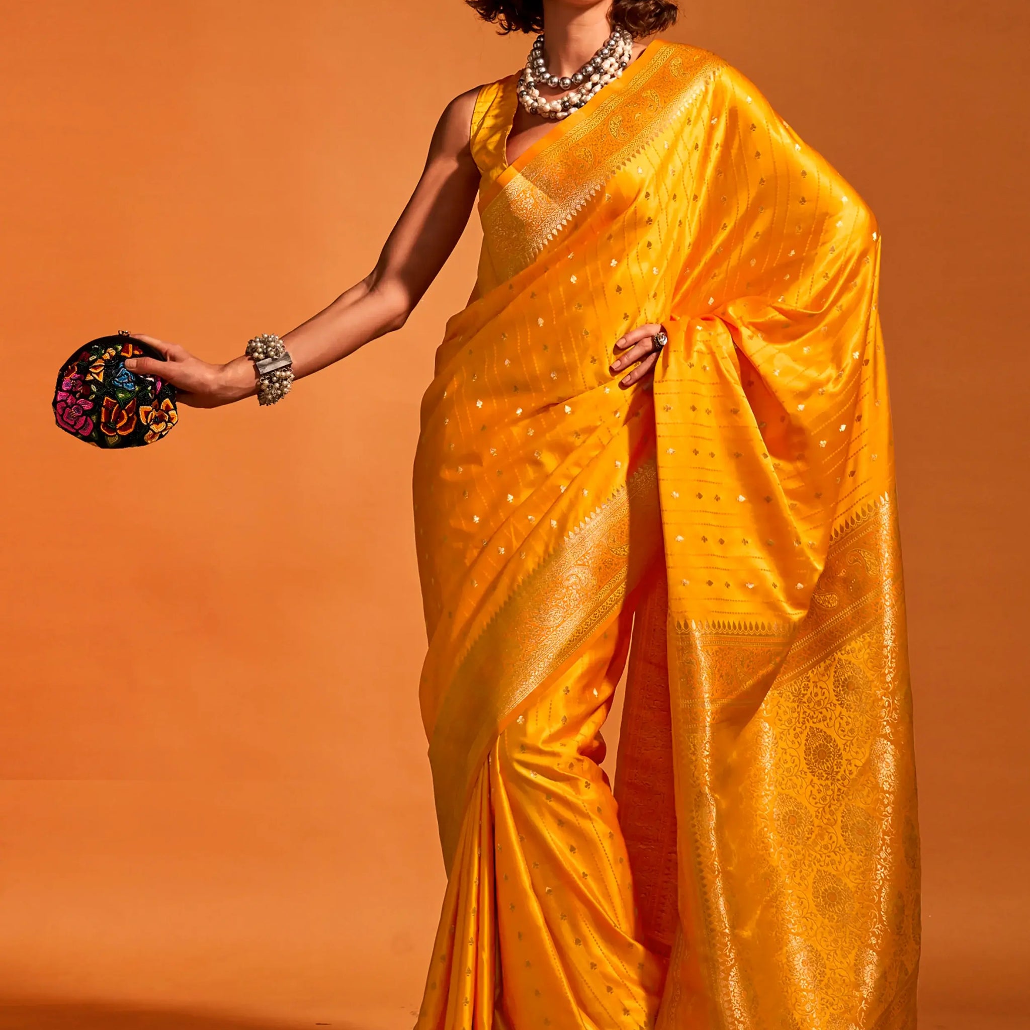 Stunning Mustard Yellow Zari Weaving Satin Saree With Blouse - Zeel Clothing
