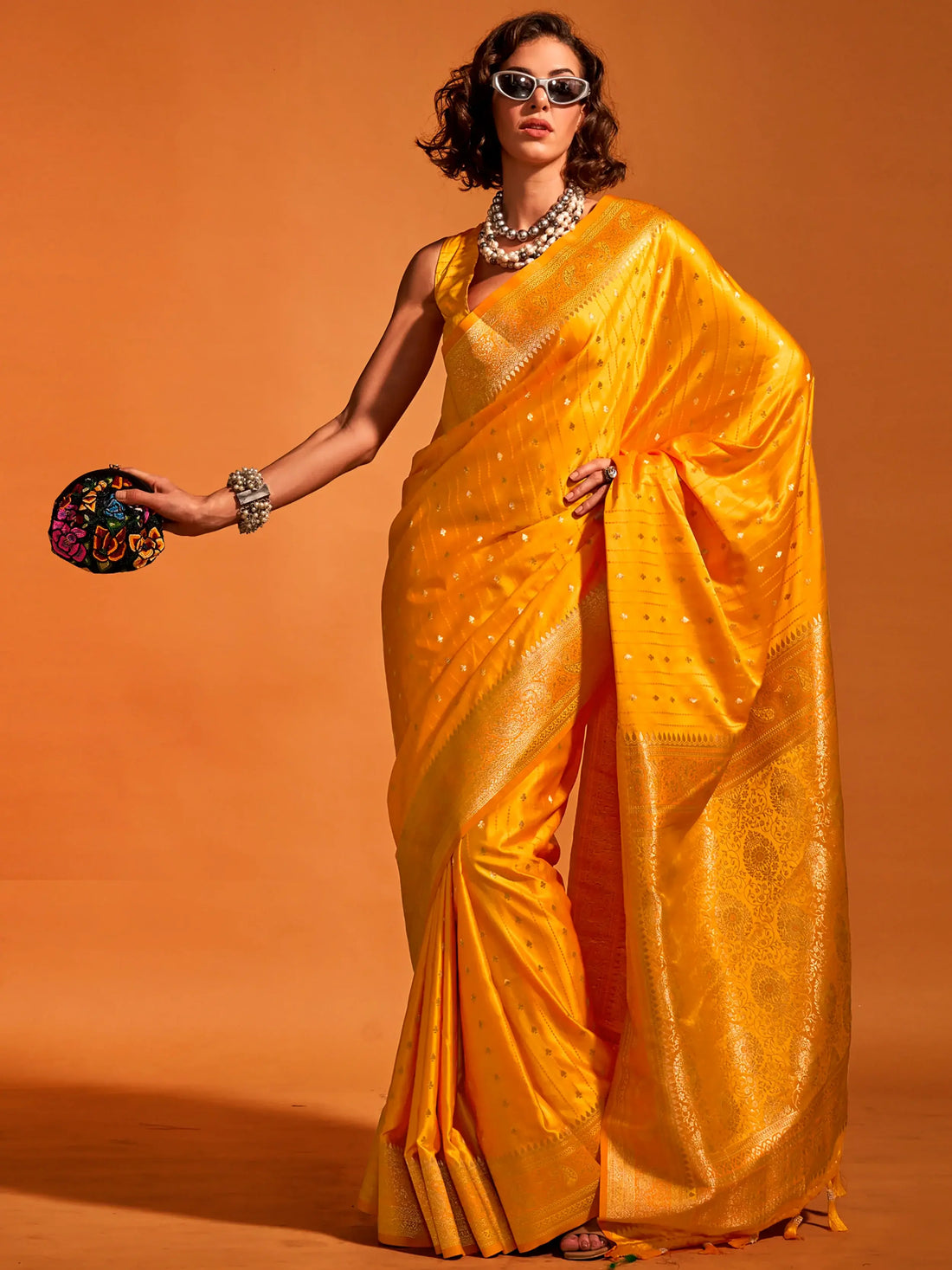 Stunning Mustard Yellow Zari Weaving Satin Saree With Blouse - Zeel Clothing