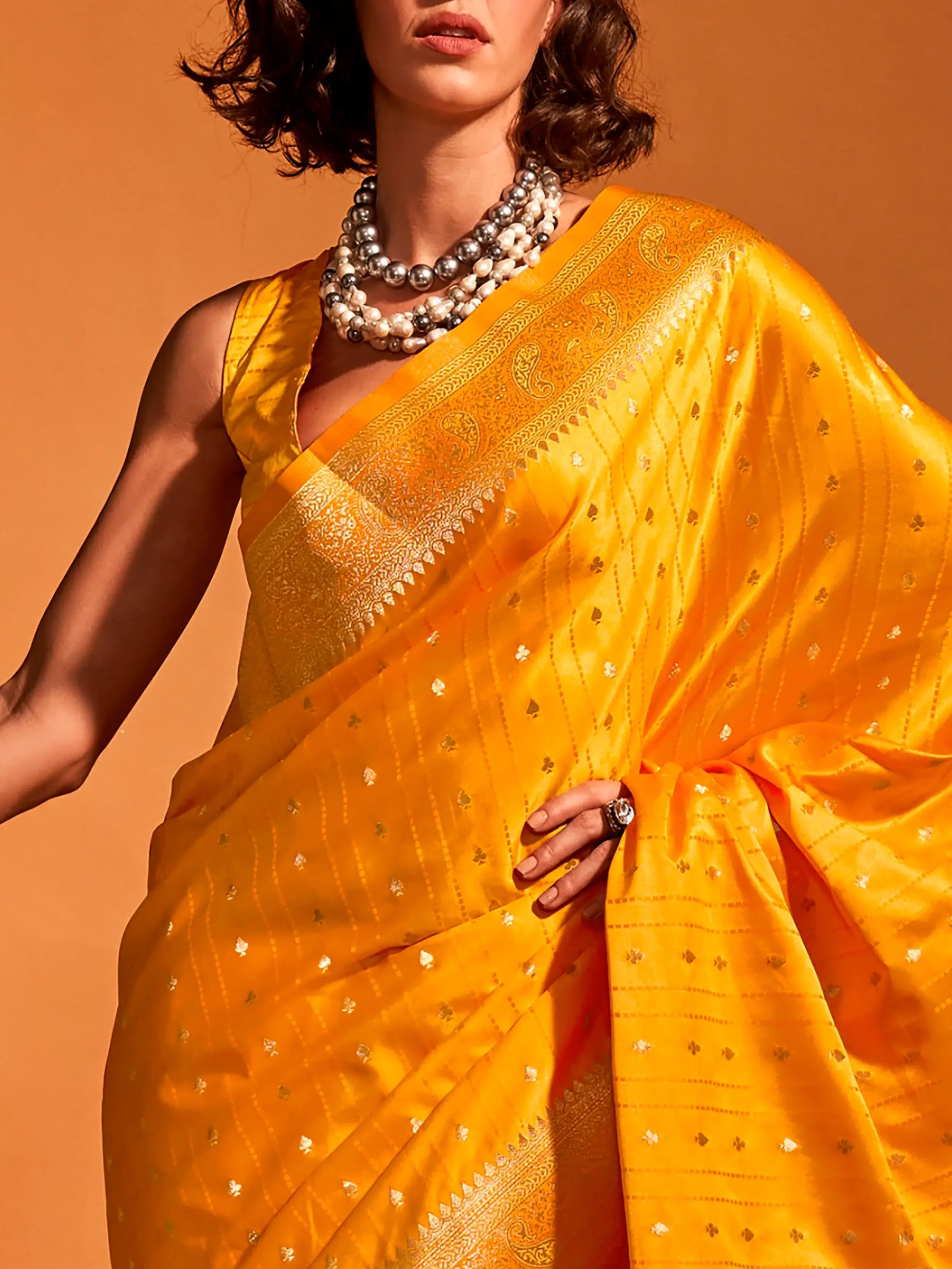 Stunning Mustard Yellow Zari Weaving Satin Saree With Blouse - Zeel Clothing
