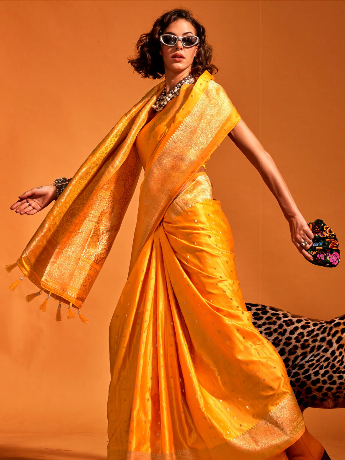 Stunning Mustard Yellow Zari Weaving Satin Saree With Blouse - Zeel Clothing