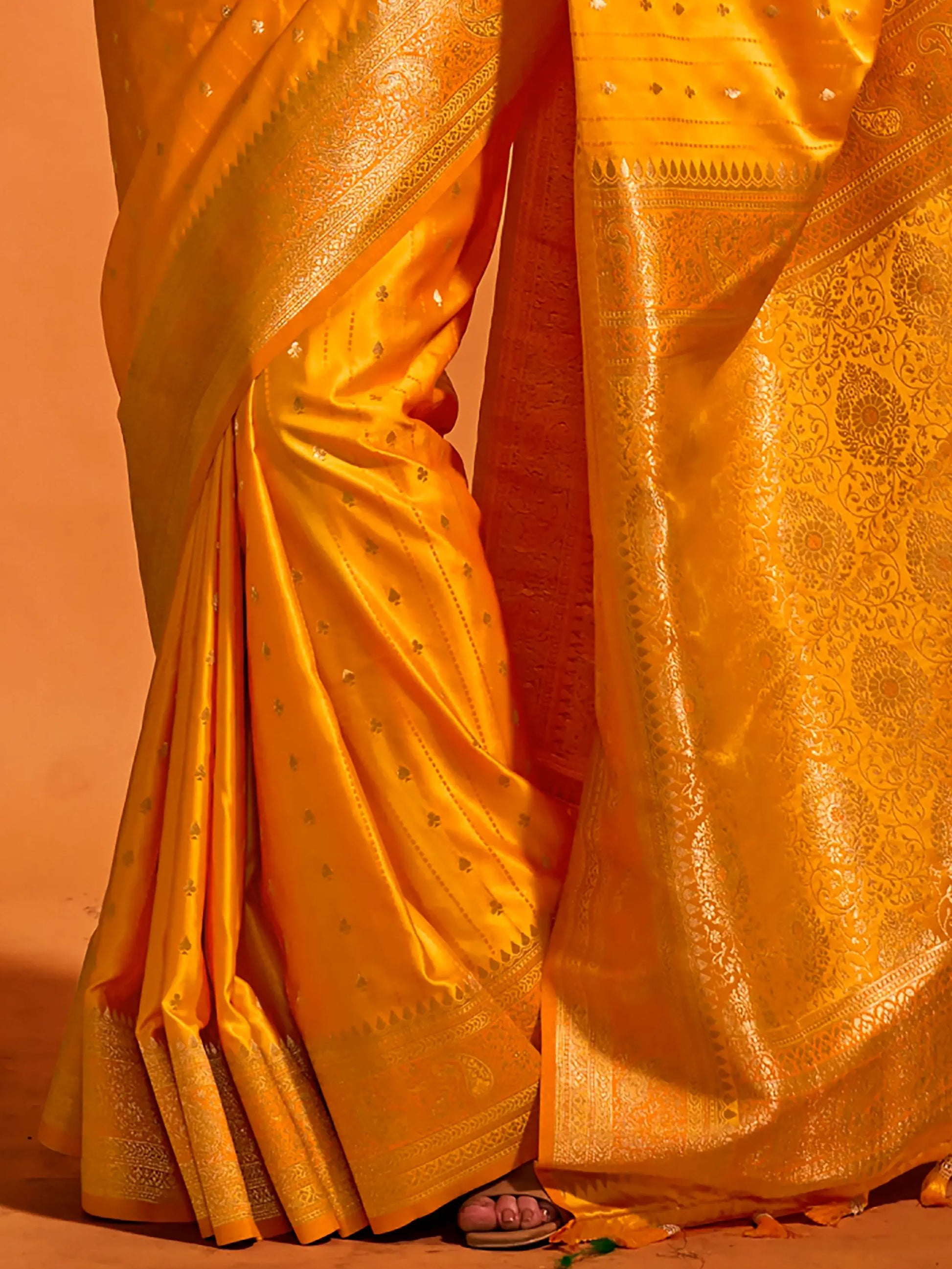 Stunning Mustard Yellow Zari Weaving Satin Saree With Blouse - Zeel Clothing