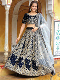 Stunning Navy Blue Embroidered Velvet Wedding Lehenga Choli - Zeel Clothing