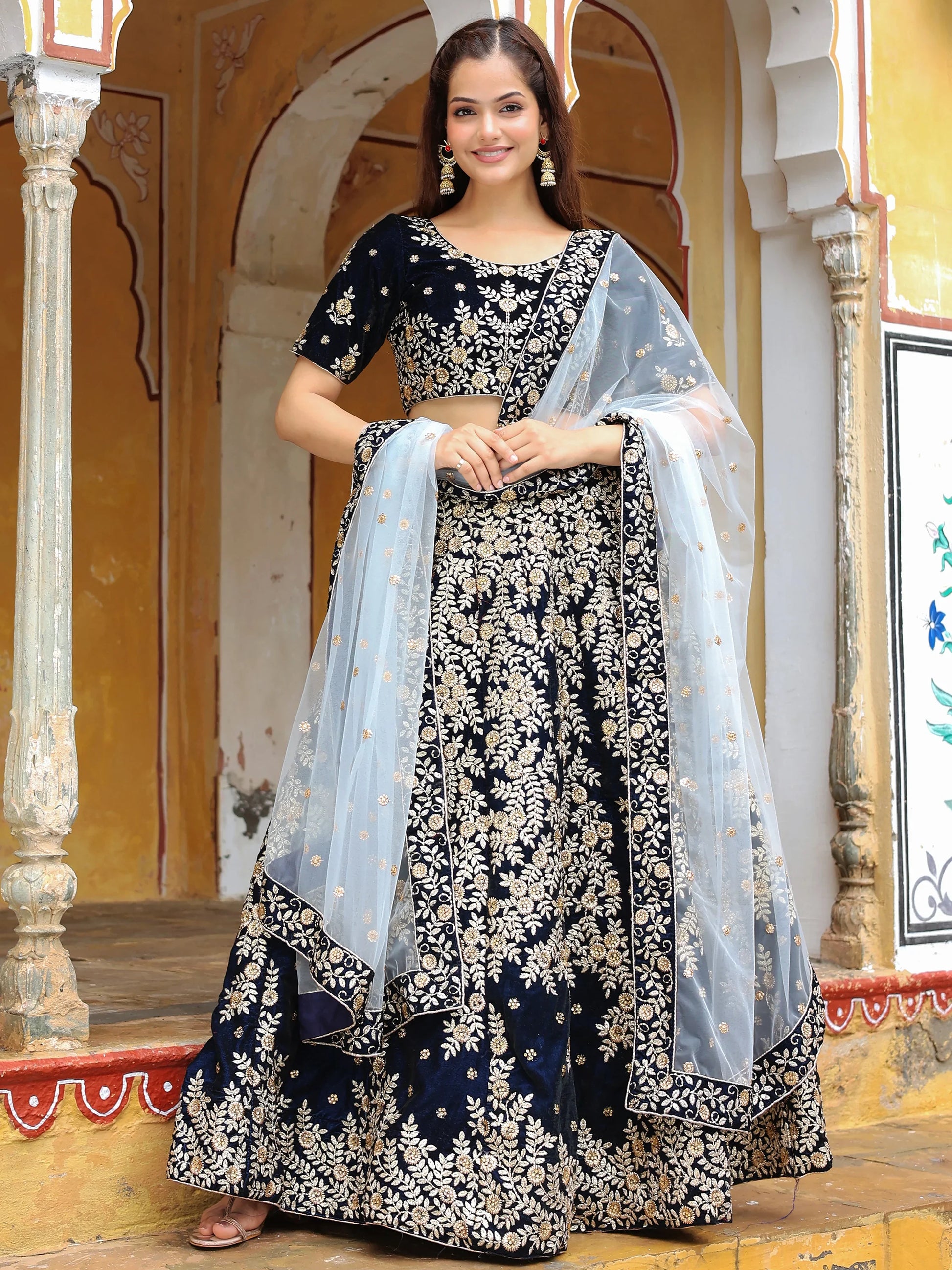 Stunning Navy Blue Embroidered Velvet Wedding Lehenga Choli - Zeel Clothing