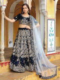 Stunning Navy Blue Embroidered Velvet Wedding Lehenga Choli - Zeel Clothing