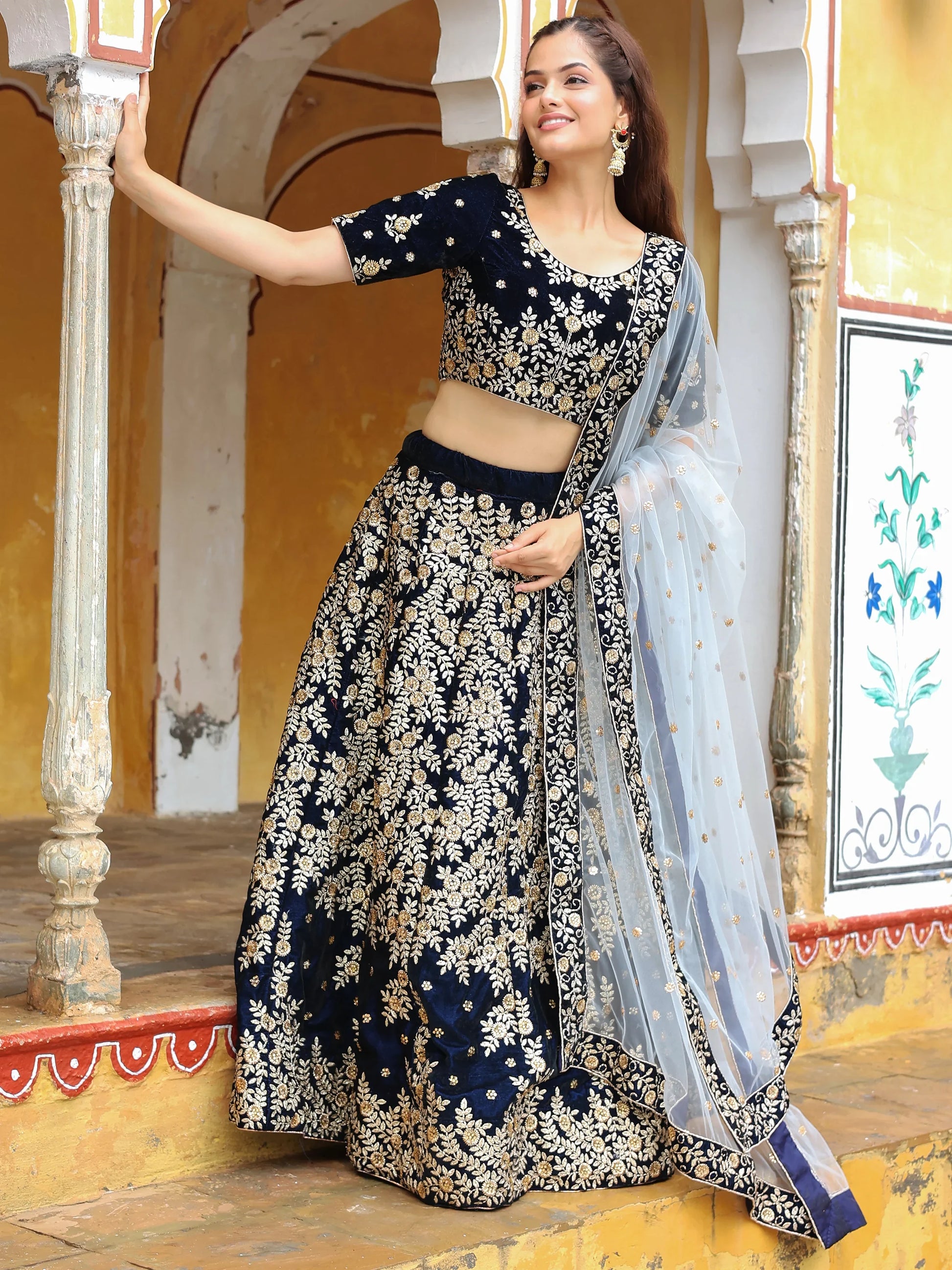 Stunning Navy Blue Embroidered Velvet Wedding Lehenga Choli - Zeel Clothing