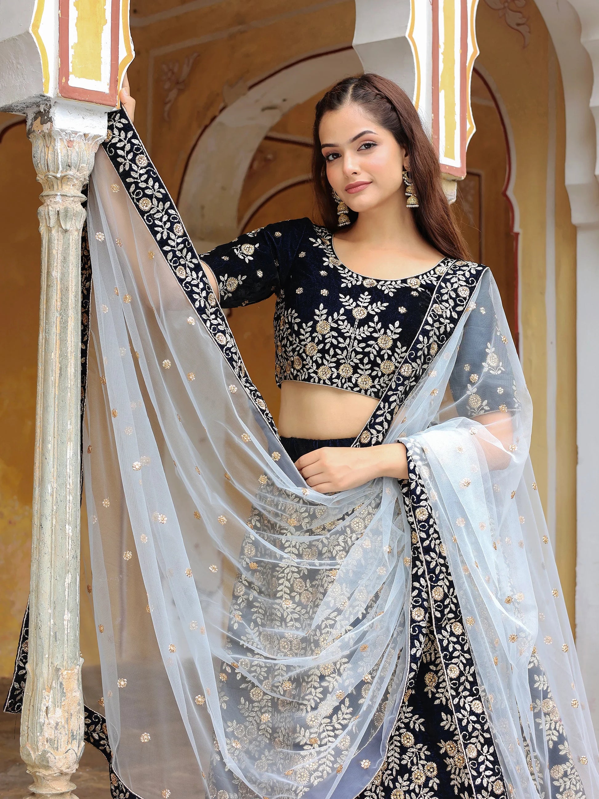 Stunning Navy Blue Embroidered Velvet Wedding Lehenga Choli - Zeel Clothing