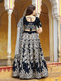 Stunning Navy Blue Embroidered Velvet Wedding Lehenga Choli - Zeel Clothing