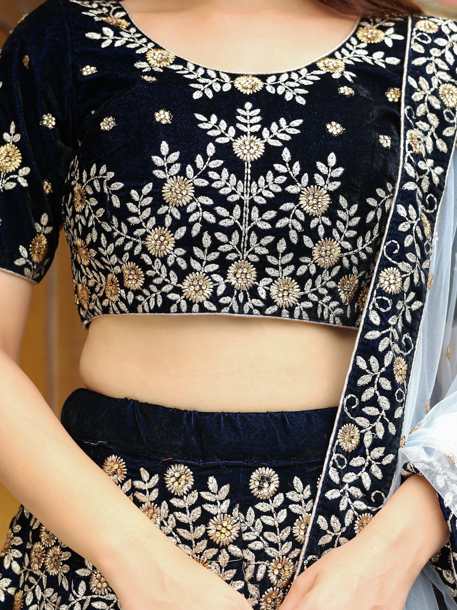 Stunning Navy Blue Embroidered Velvet Wedding Lehenga Choli - Zeel Clothing