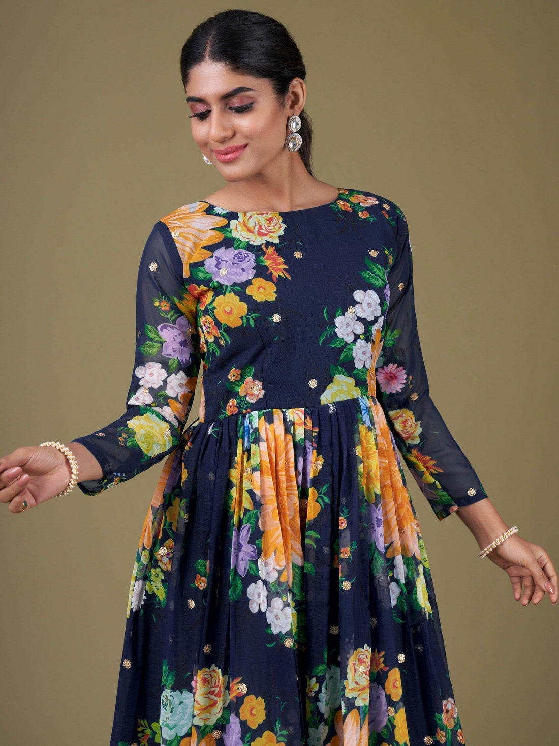 Stunning Navy Blue Floral Printed Georgette Gown With Dupatta - Zeel Clothing