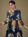 Stunning Navy Blue Floral Printed Georgette Gown With Dupatta - Zeel Clothing