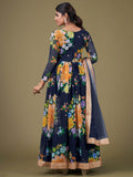 Stunning Navy Blue Floral Printed Georgette Gown With Dupatta - Zeel Clothing