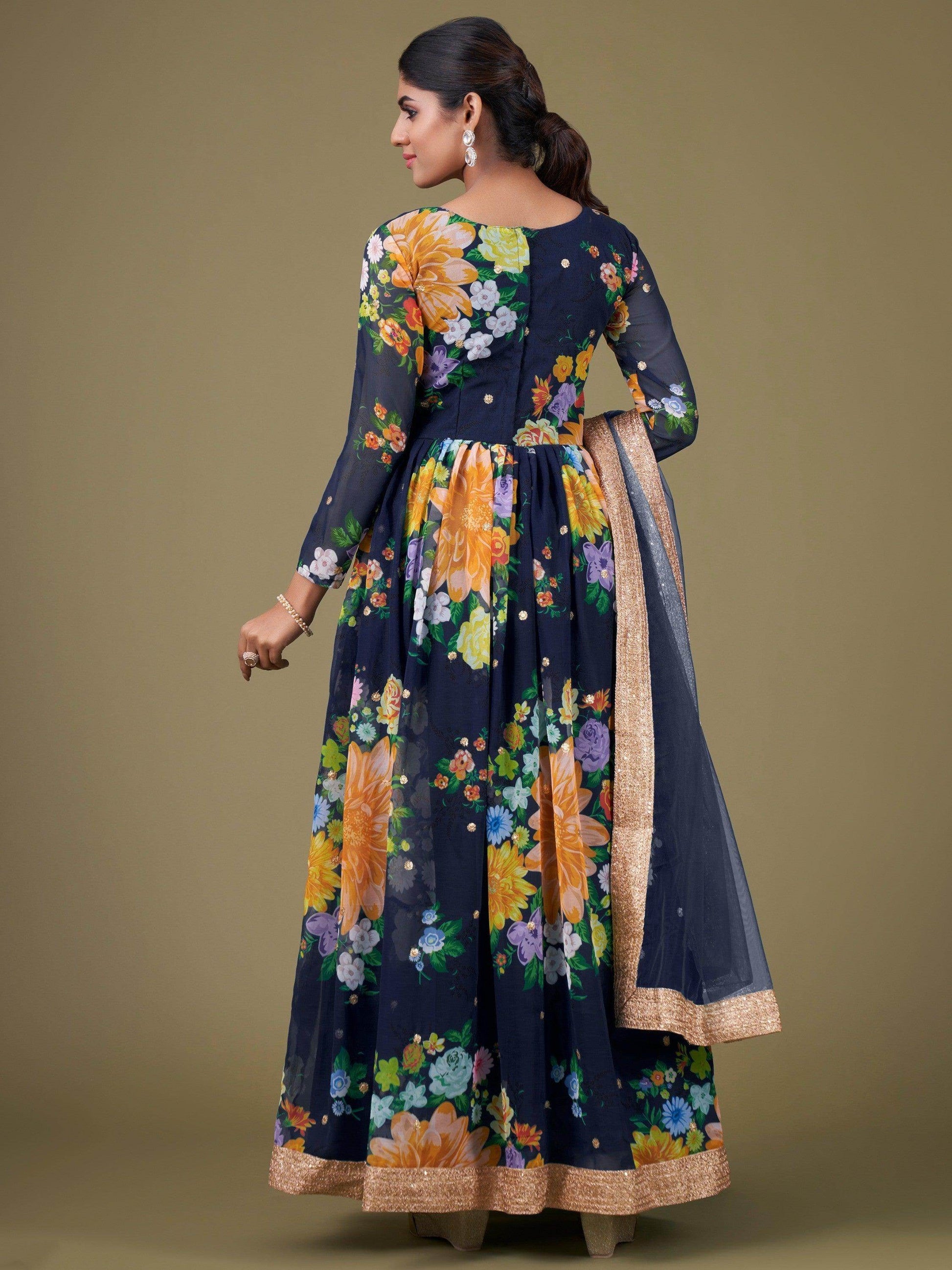 Stunning Navy Blue Floral Printed Georgette Gown With Dupatta - Zeel Clothing
