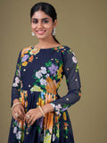 Stunning Navy Blue Floral Printed Georgette Gown With Dupatta - Zeel Clothing