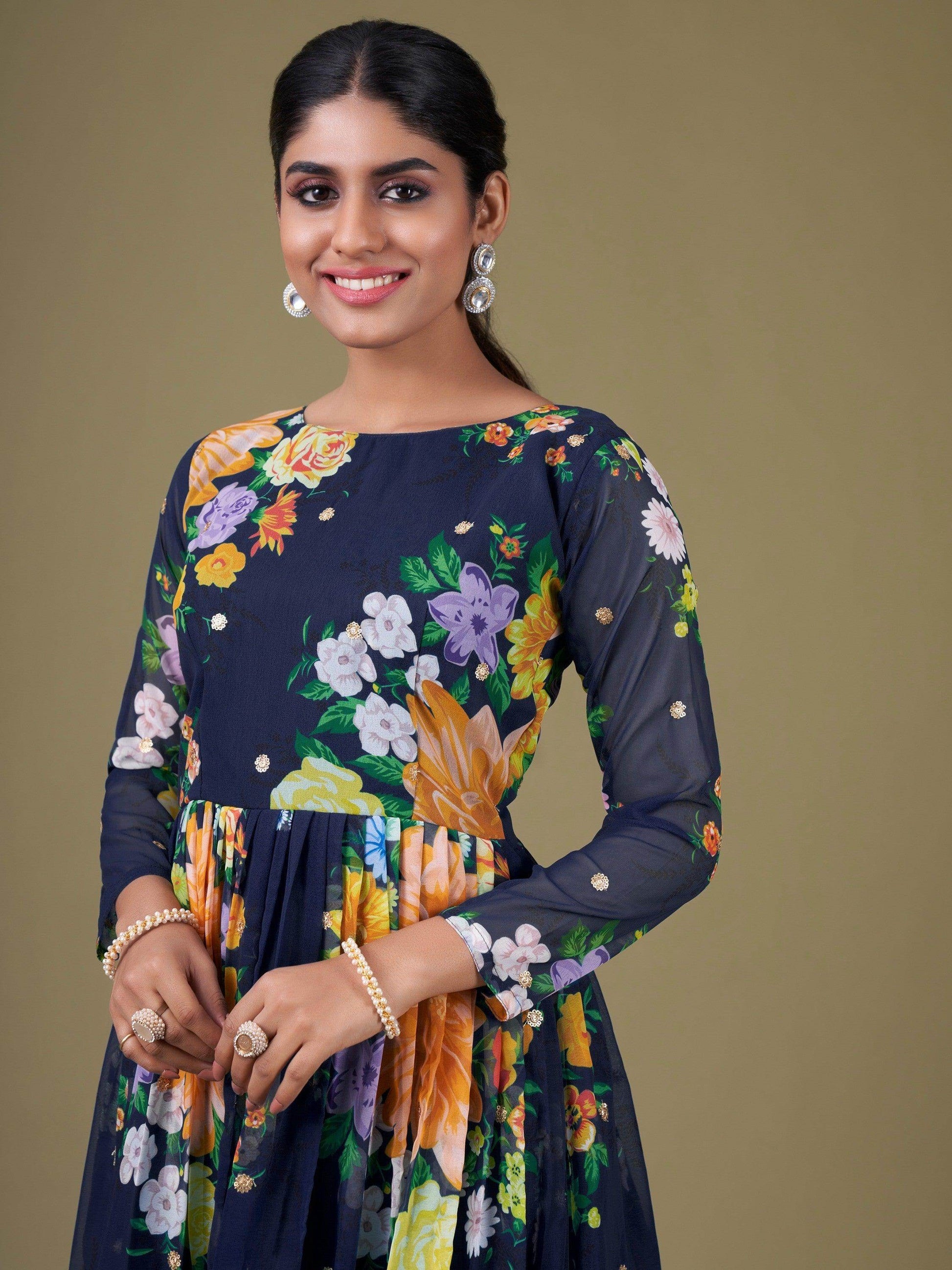 Stunning Navy Blue Floral Printed Georgette Gown With Dupatta - Zeel Clothing